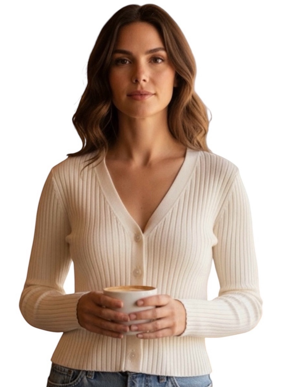 525 America Ribbed Cardigan | Ivory | V-Neck Button Front | Size M